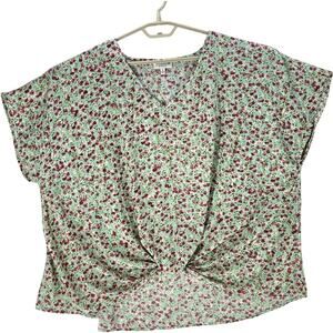 Bobeau Blouse Plus 2X Green Pink Ditsy Floral Twist Front Cottage Fairy Prairie